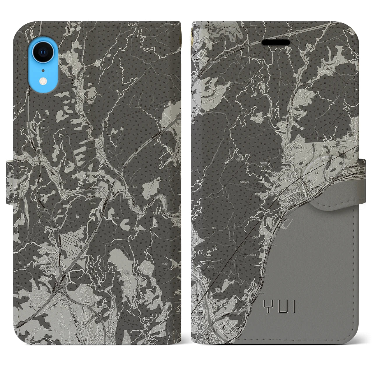 【由比(静岡県)】地図柄iPhoneケース(手帳タイプ)モノトーン・iPhone XR 用