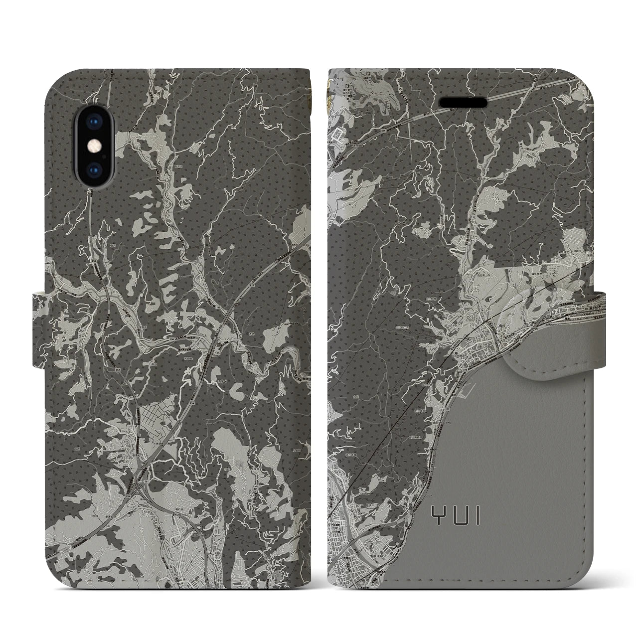 【由比(静岡県)】地図柄iPhoneケース(手帳タイプ)モノトーン・iPhone XS / X 用