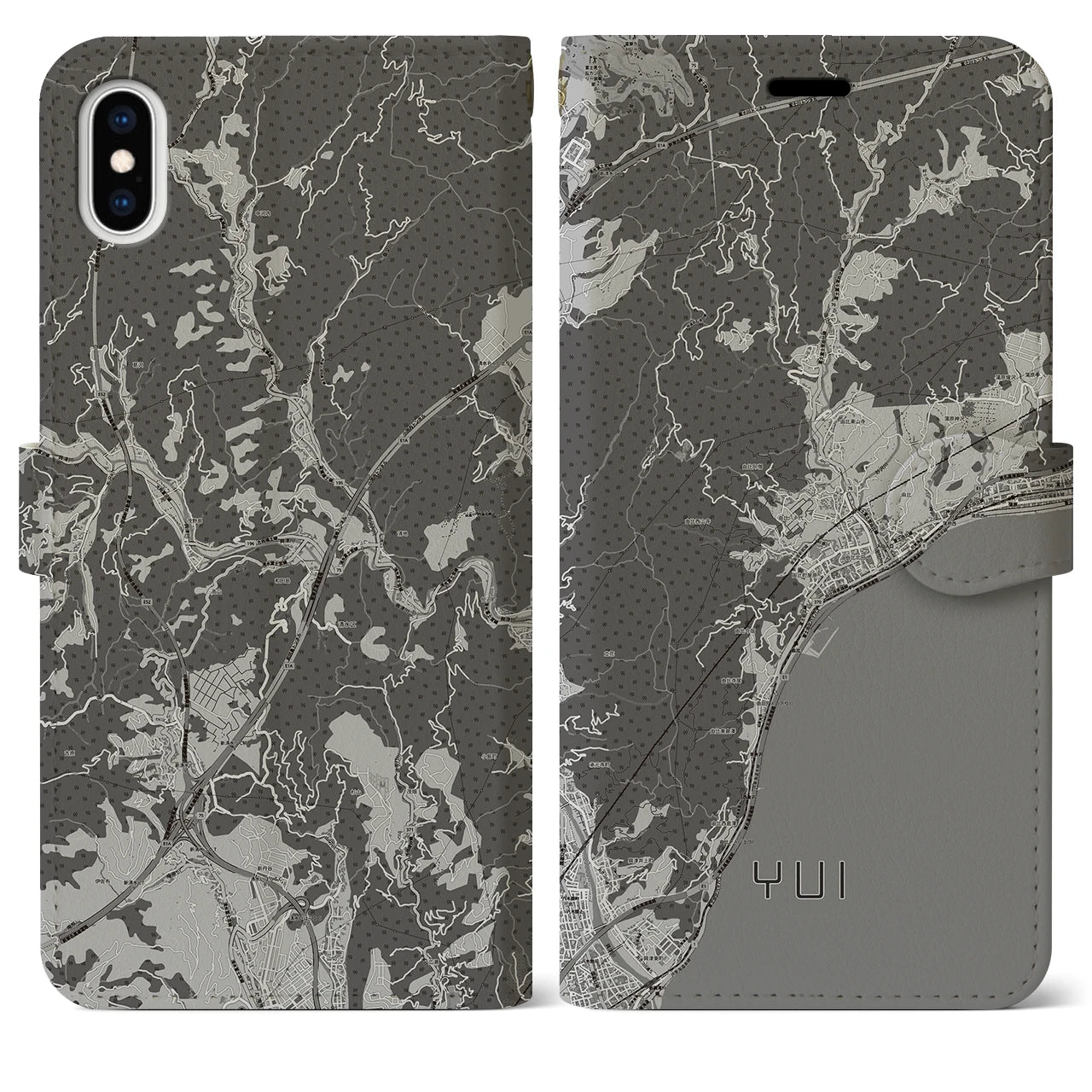 【由比(静岡県)】地図柄iPhoneケース(手帳タイプ)モノトーン・iPhone XS Max 用