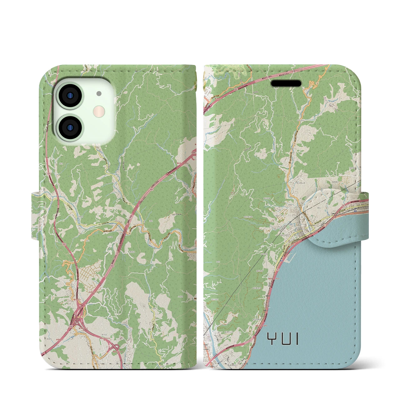 【由比(静岡県)】地図柄iPhoneケース(手帳タイプ)ナチュラル・iPhone 12 mini 用