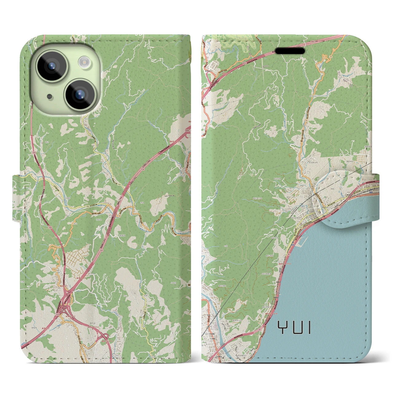 【由比(静岡県)】地図柄iPhoneケース(手帳タイプ)ナチュラル・iPhone 15 用