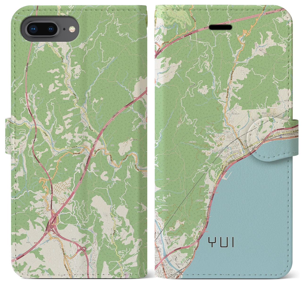【由比(静岡県)】地図柄iPhoneケース(手帳タイプ)ナチュラル・iPhone 8Plus /7Plus / 6sPlus / 6Plus 用