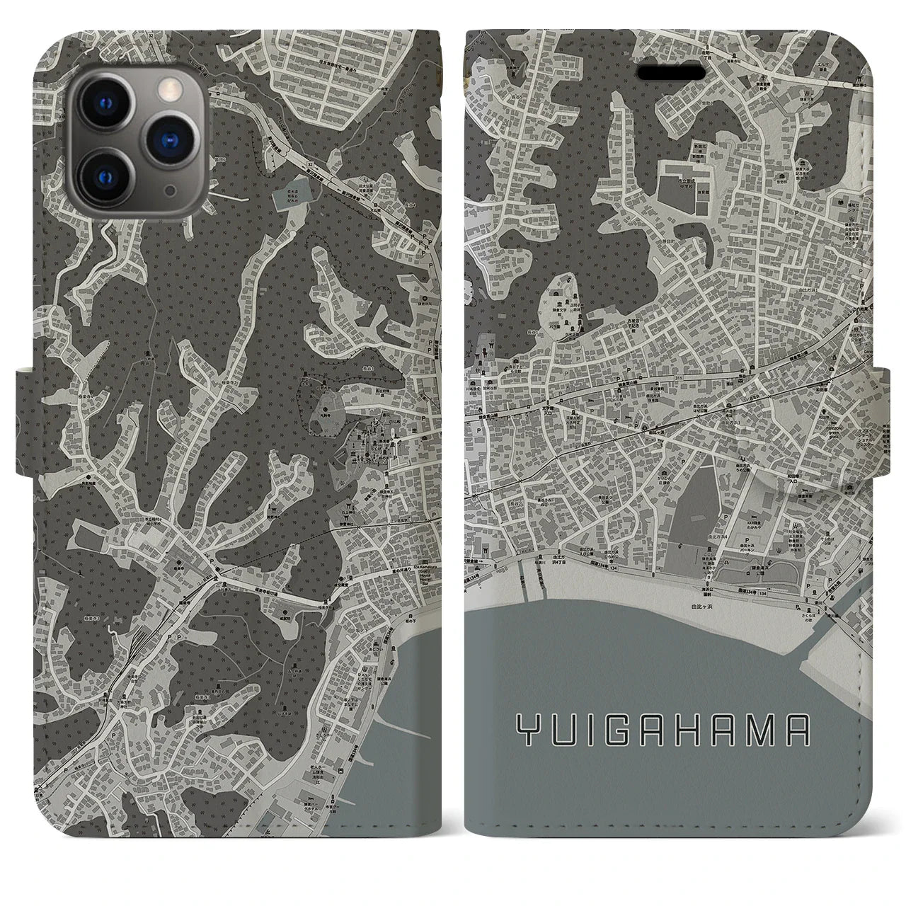 【由比ヶ浜(神奈川県)】地図柄iPhoneケース(手帳タイプ)モノトーン・iPhone 11 Pro Max 用
