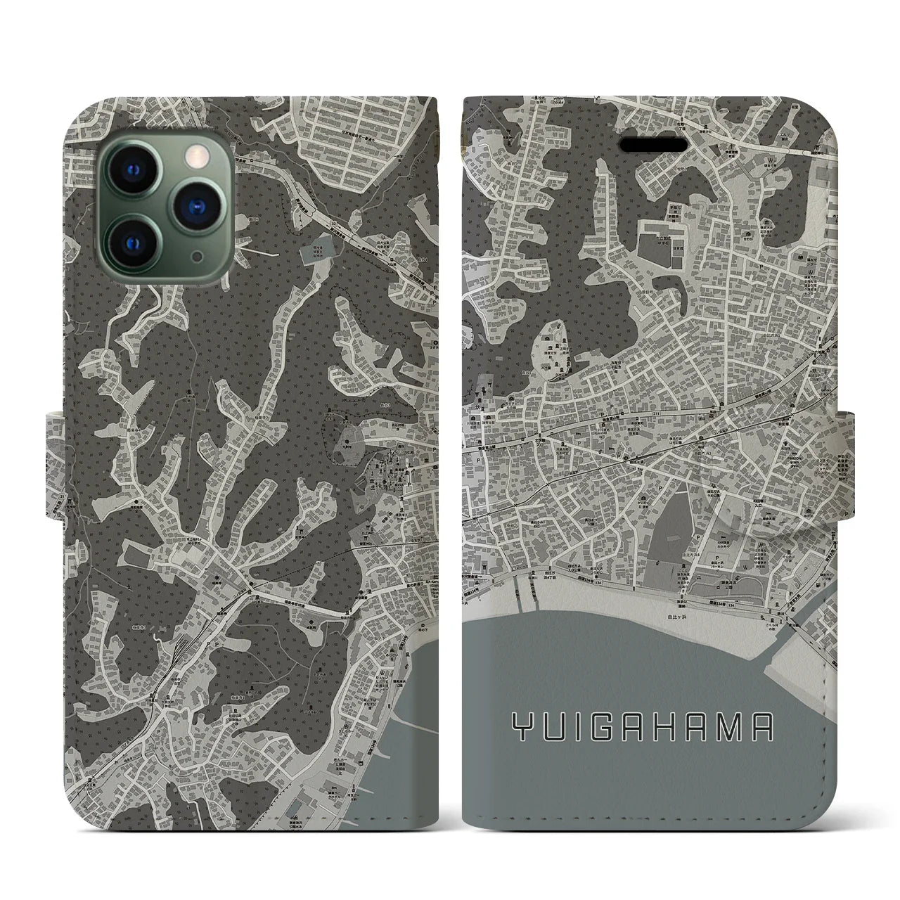 【由比ヶ浜(神奈川県)】地図柄iPhoneケース(手帳タイプ)モノトーン・iPhone 11 Pro 用