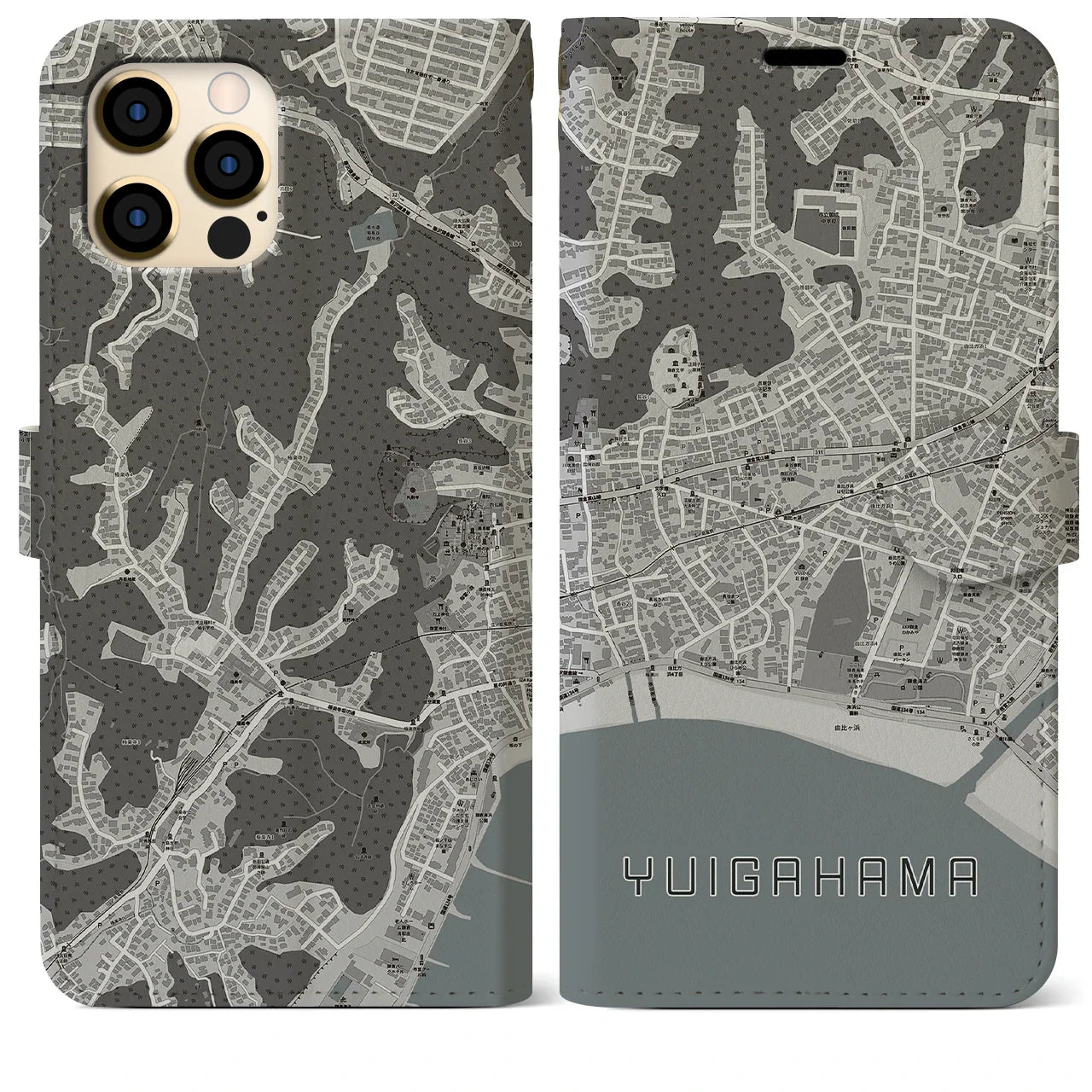 【由比ヶ浜(神奈川県)】地図柄iPhoneケース(手帳タイプ)モノトーン・iPhone 12 Pro Max 用