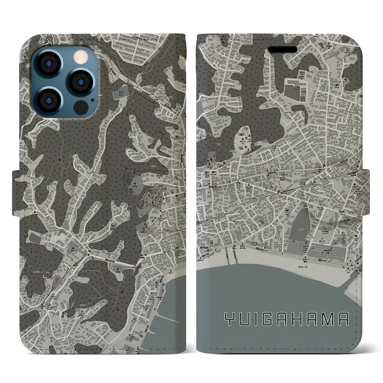【由比ヶ浜(神奈川県)】地図柄iPhoneケース(手帳タイプ)モノトーン・iPhone 12 / 12 Pro 用