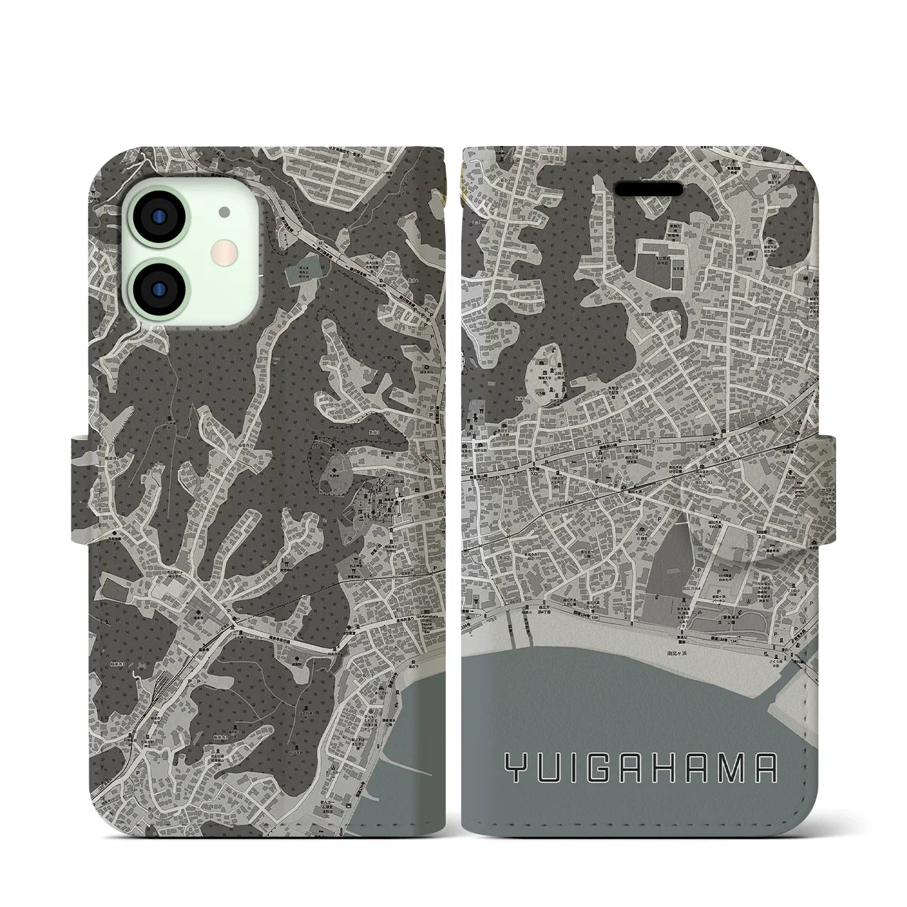 【由比ヶ浜(神奈川県)】地図柄iPhoneケース(手帳タイプ)モノトーン・iPhone 12 mini 用