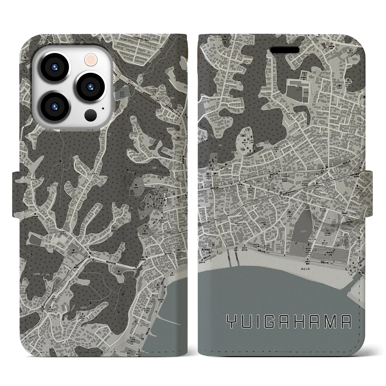 【由比ヶ浜(神奈川県)】地図柄iPhoneケース(手帳タイプ)モノトーン・iPhone 13 Pro 用