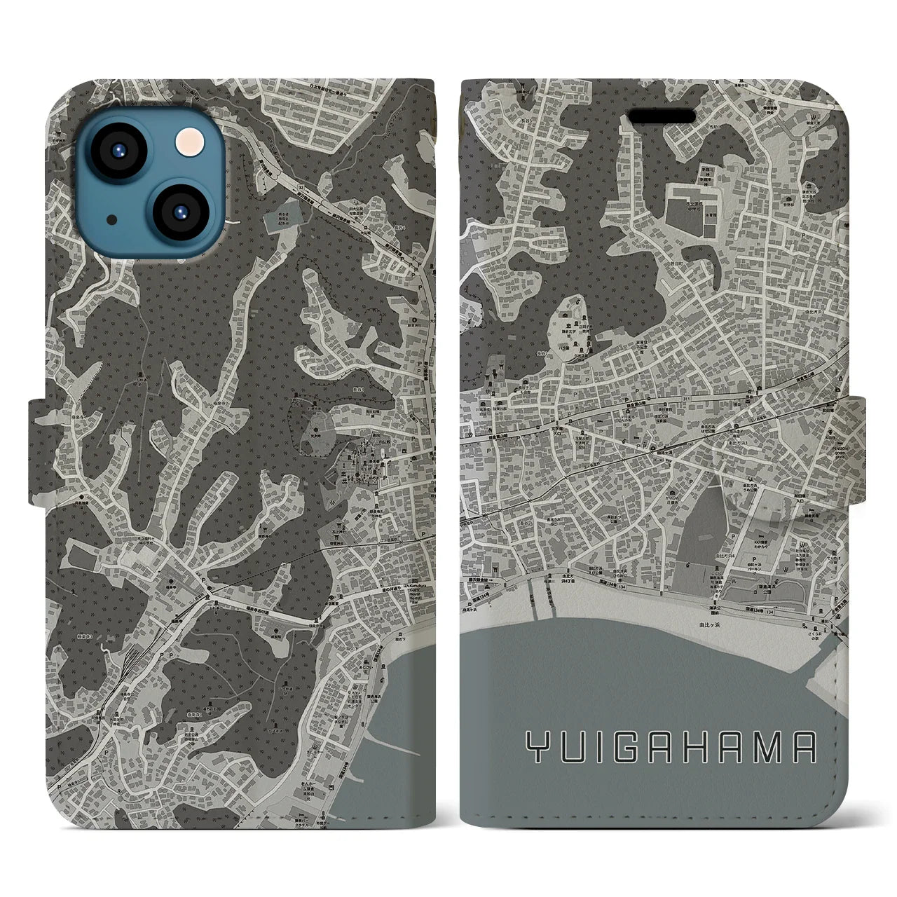 【由比ヶ浜(神奈川県)】地図柄iPhoneケース(手帳タイプ)モノトーン・iPhone 13 用