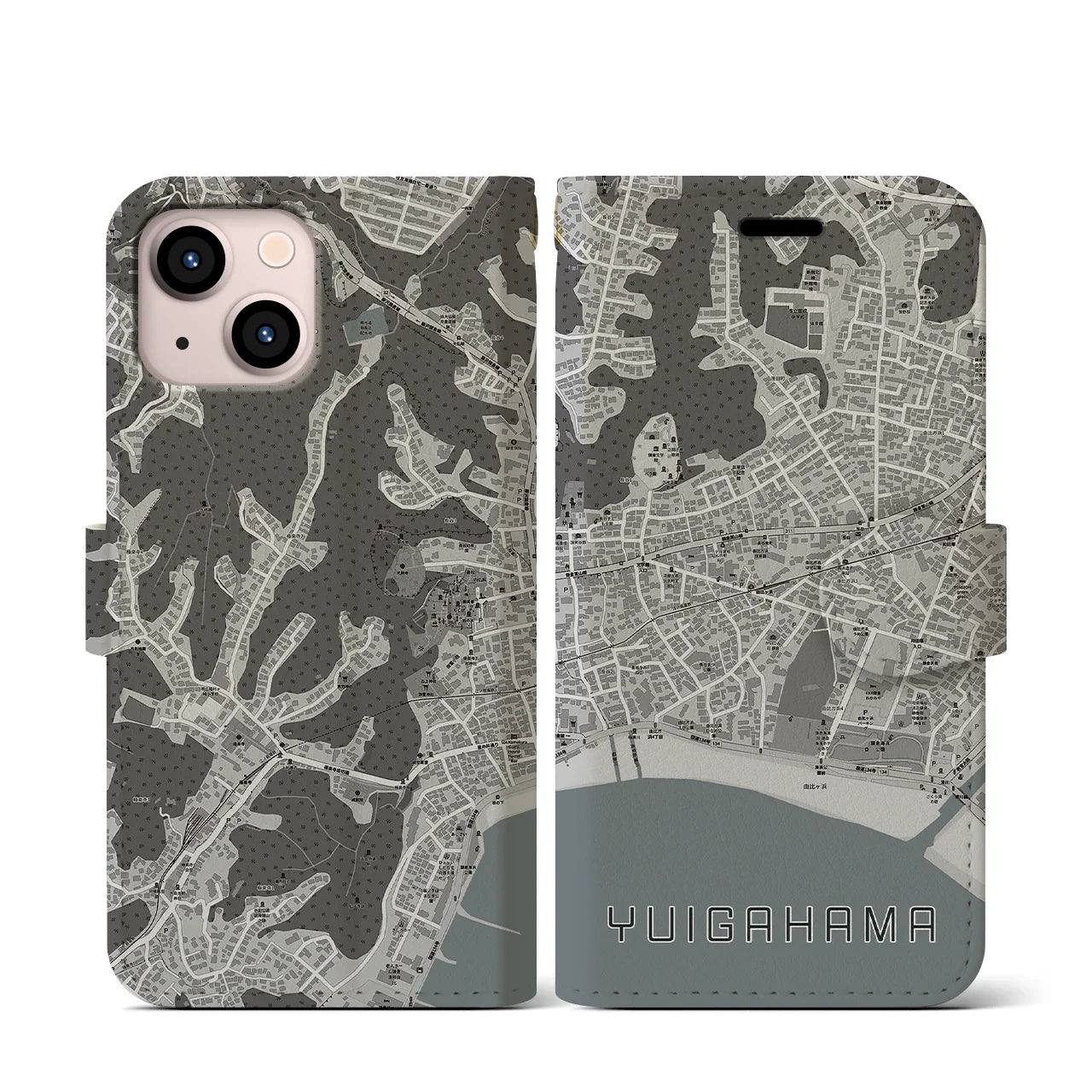 【由比ヶ浜(神奈川県)】地図柄iPhoneケース(手帳タイプ)モノトーン・iPhone 13 mini 用