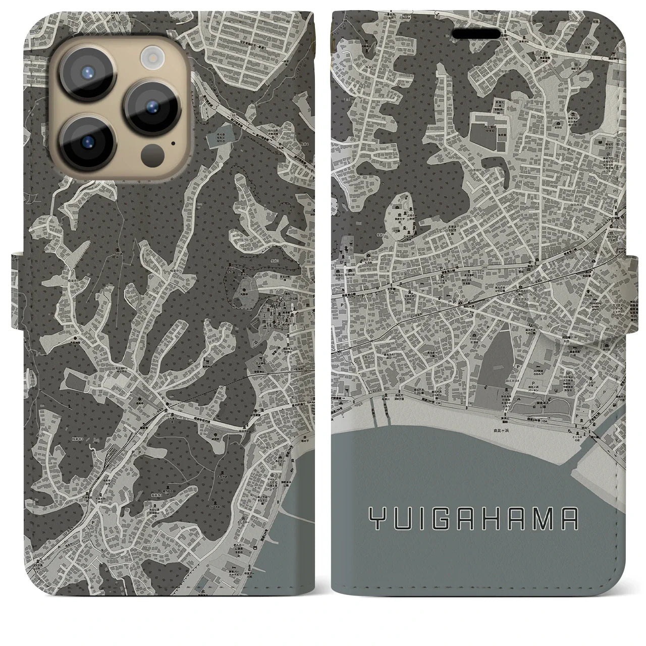 【由比ヶ浜(神奈川県)】地図柄iPhoneケース(手帳タイプ)モノトーン・iPhone 14 Pro Max 用