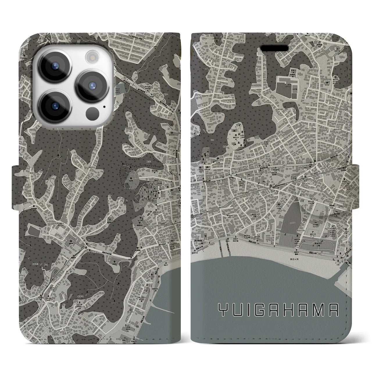 【由比ヶ浜(神奈川県)】地図柄iPhoneケース(手帳タイプ)モノトーン・iPhone 14 Pro 用