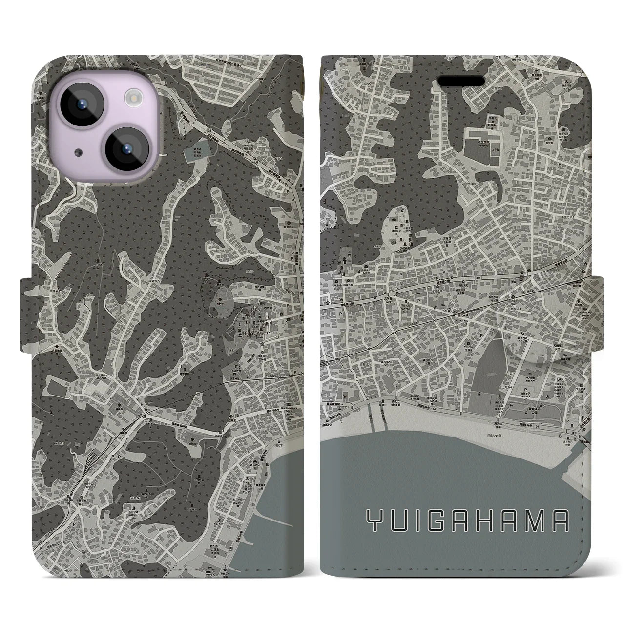 【由比ヶ浜(神奈川県)】地図柄iPhoneケース(手帳タイプ)モノトーン・iPhone 14 用