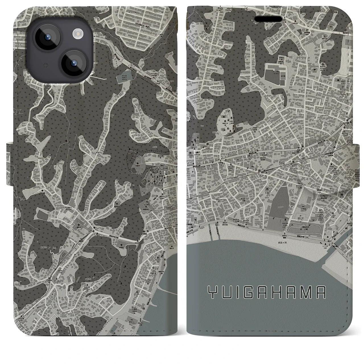 【由比ヶ浜(神奈川県)】地図柄iPhoneケース(手帳タイプ)モノトーン・iPhone 14 Plus 用