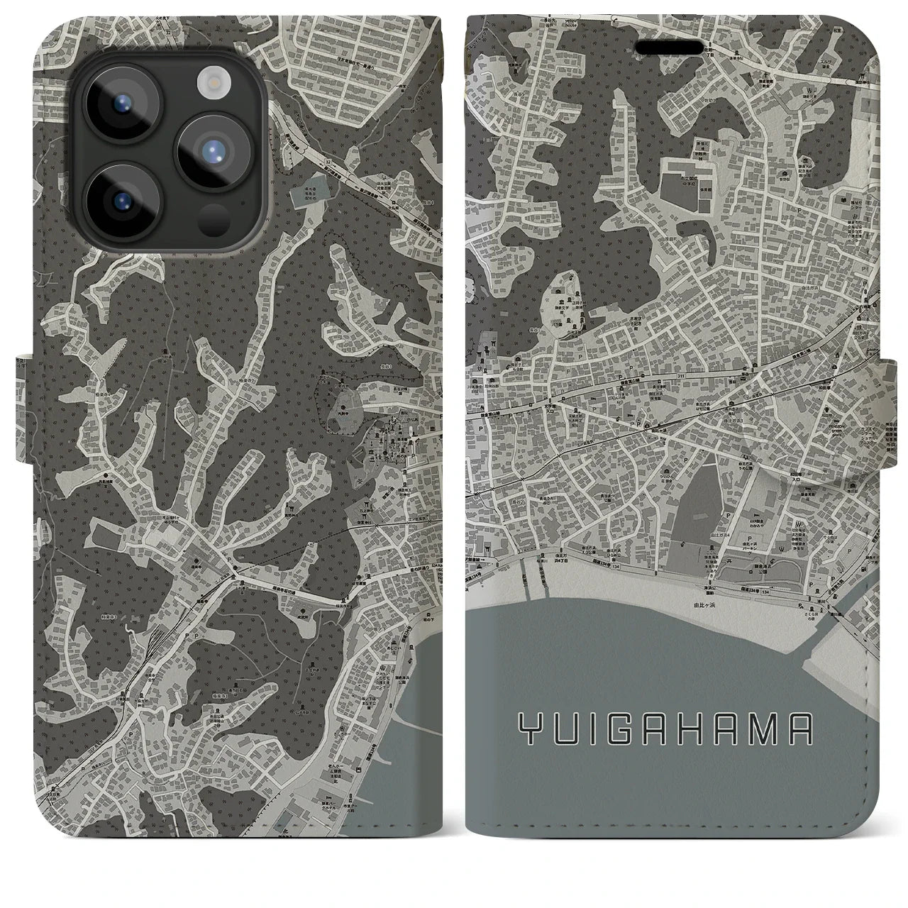 【由比ヶ浜(神奈川県)】地図柄iPhoneケース(手帳タイプ)モノトーン・iPhone 15 Pro Max 用