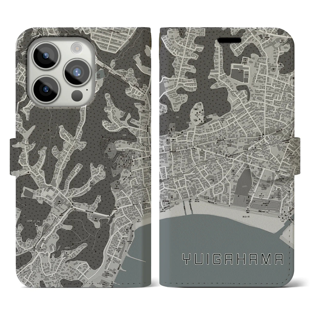 【由比ヶ浜(神奈川県)】地図柄iPhoneケース(手帳タイプ)モノトーン・iPhone 15 Pro 用