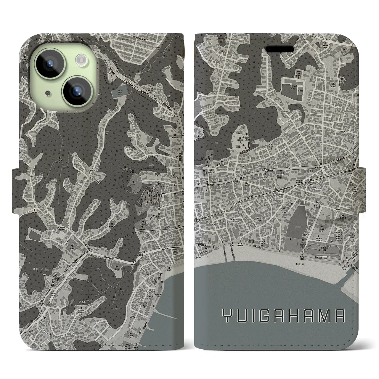 【由比ヶ浜(神奈川県)】地図柄iPhoneケース(手帳タイプ)モノトーン・iPhone 15 用