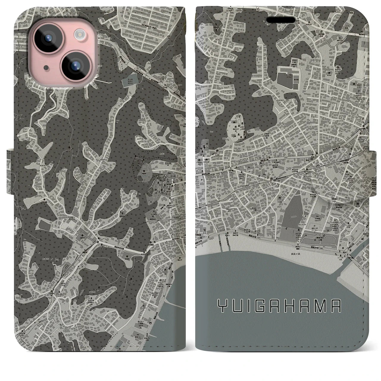 【由比ヶ浜(神奈川県)】地図柄iPhoneケース(手帳タイプ)モノトーン・iPhone 15 Plus 用