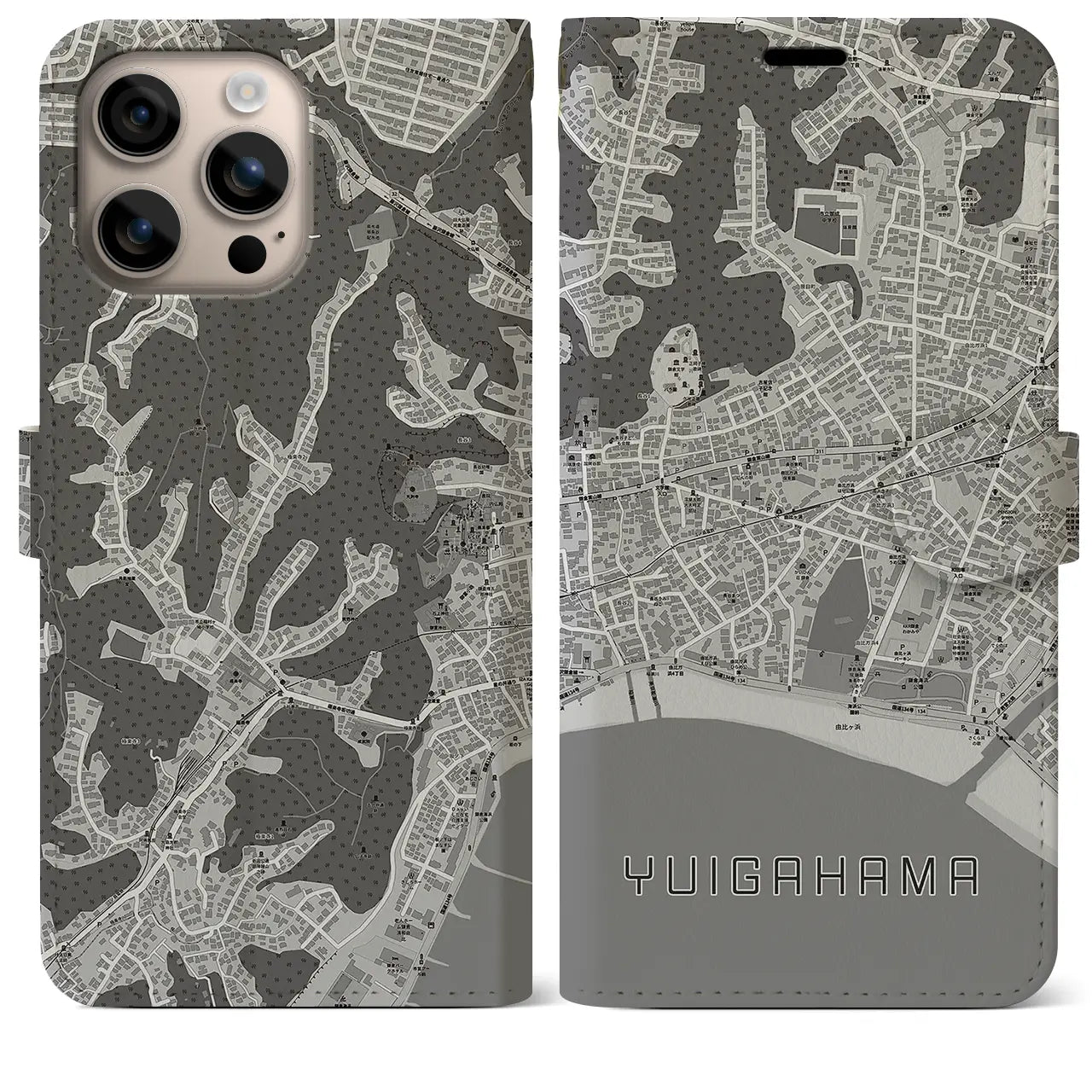 【由比ヶ浜(神奈川県)】地図柄iPhoneケース(手帳タイプ)モノトーン・iPhone 16 Plus 用