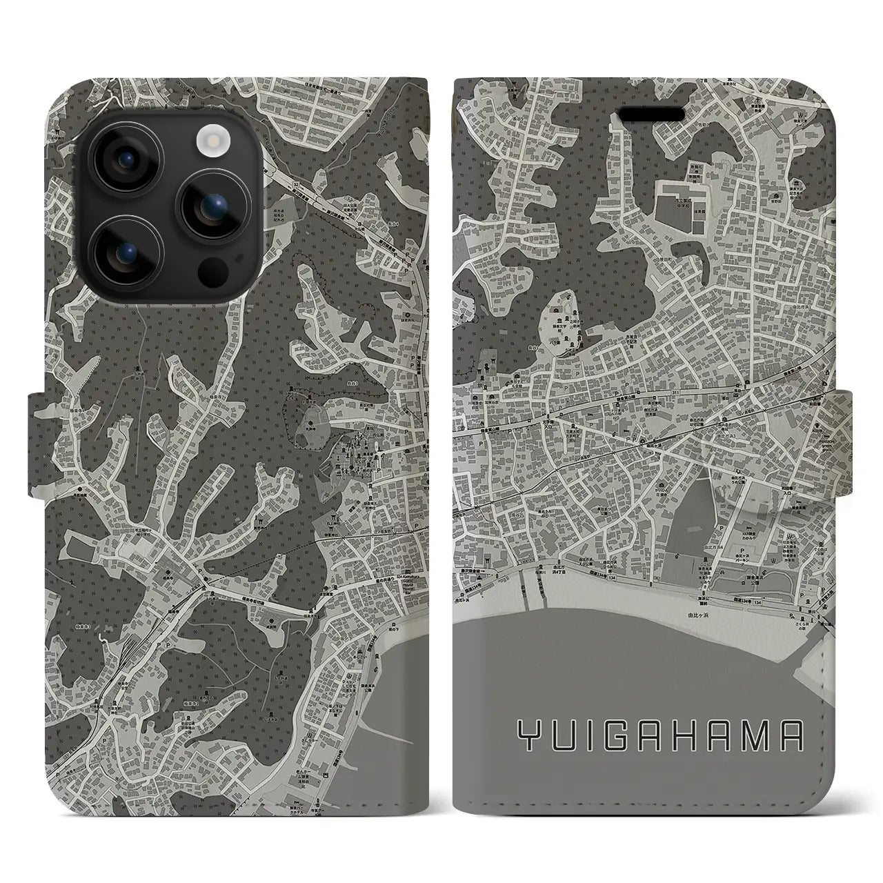 【由比ヶ浜(神奈川県)】地図柄iPhoneケース(手帳タイプ)モノトーン・iPhone 16 用