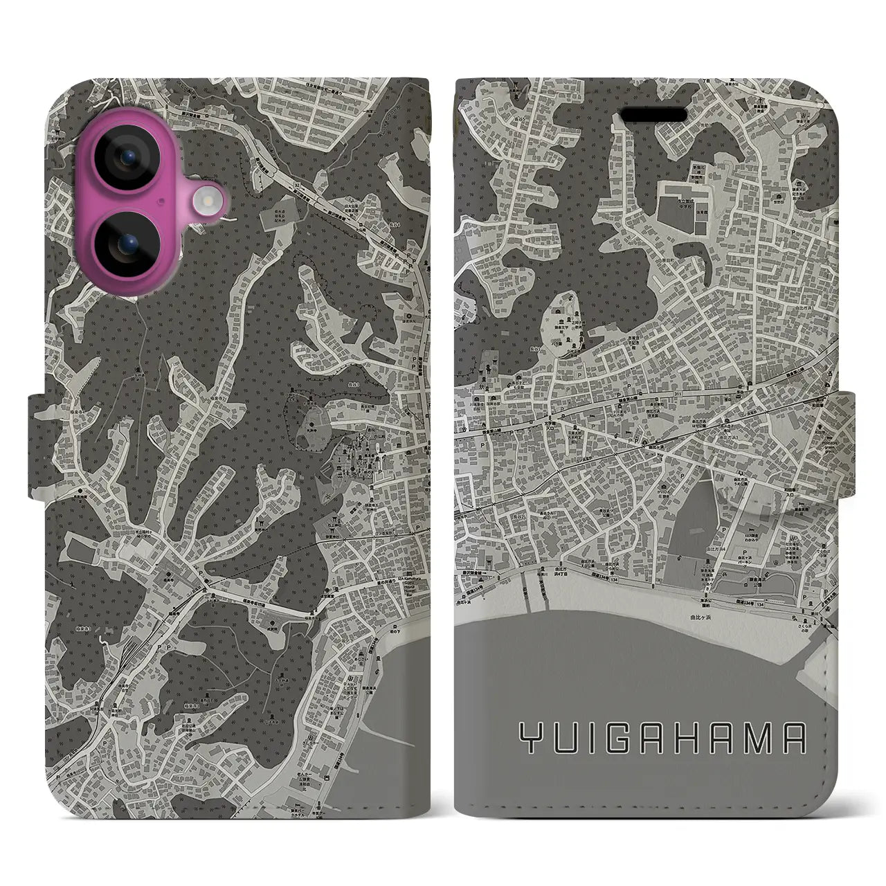 【由比ヶ浜(神奈川県)】地図柄iPhoneケース(手帳タイプ)モノトーン・iPhone 16 Pro 用