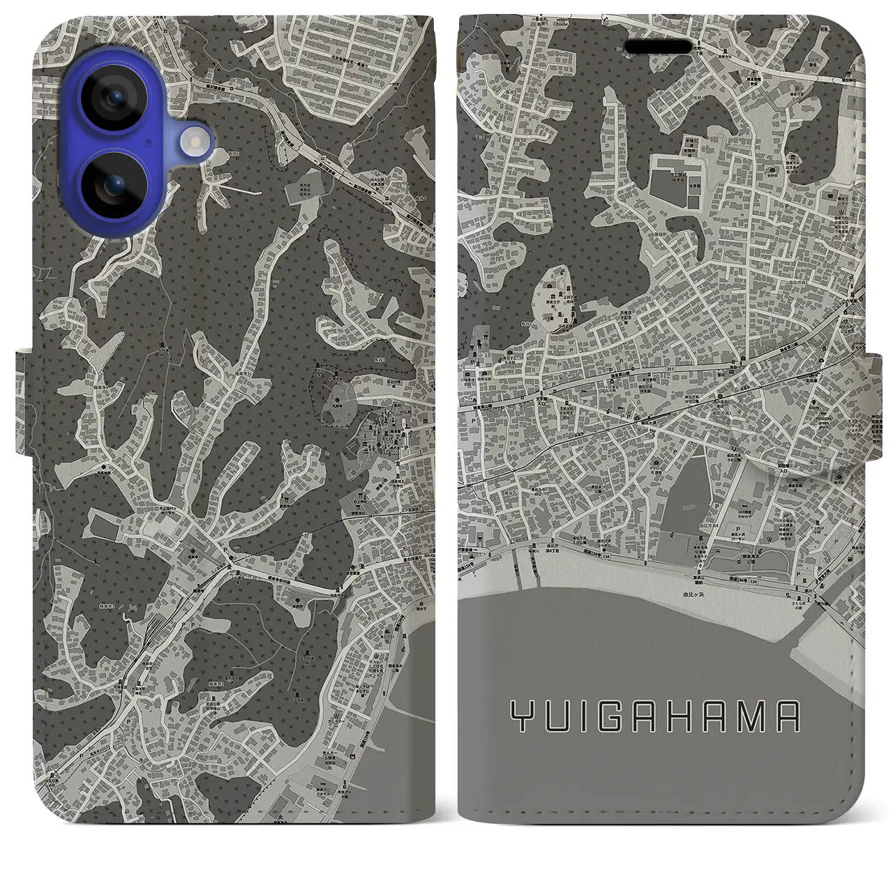 【由比ヶ浜(神奈川県)】地図柄iPhoneケース(手帳タイプ)モノトーン・iPhone 16 Pro Max 用