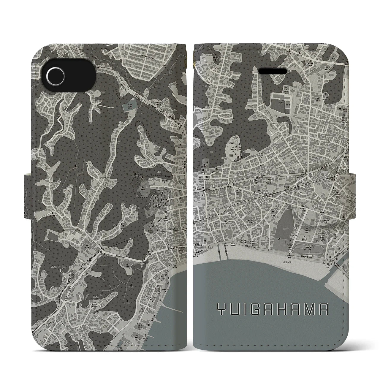 【由比ヶ浜(神奈川県)】地図柄iPhoneケース(手帳タイプ)モノトーン・iPhone SE(第3 / 第2世代) / 8 / 7 / 6s / 6 用