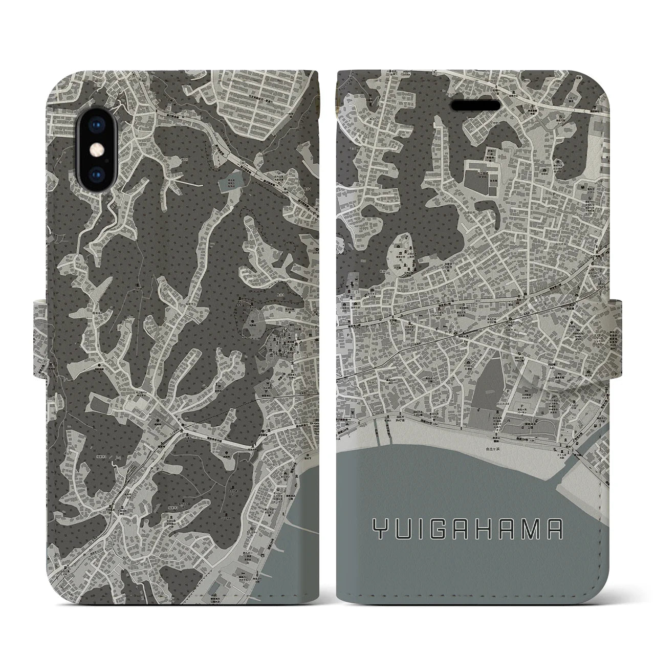 【由比ヶ浜(神奈川県)】地図柄iPhoneケース(手帳タイプ)モノトーン・iPhone XS / X 用