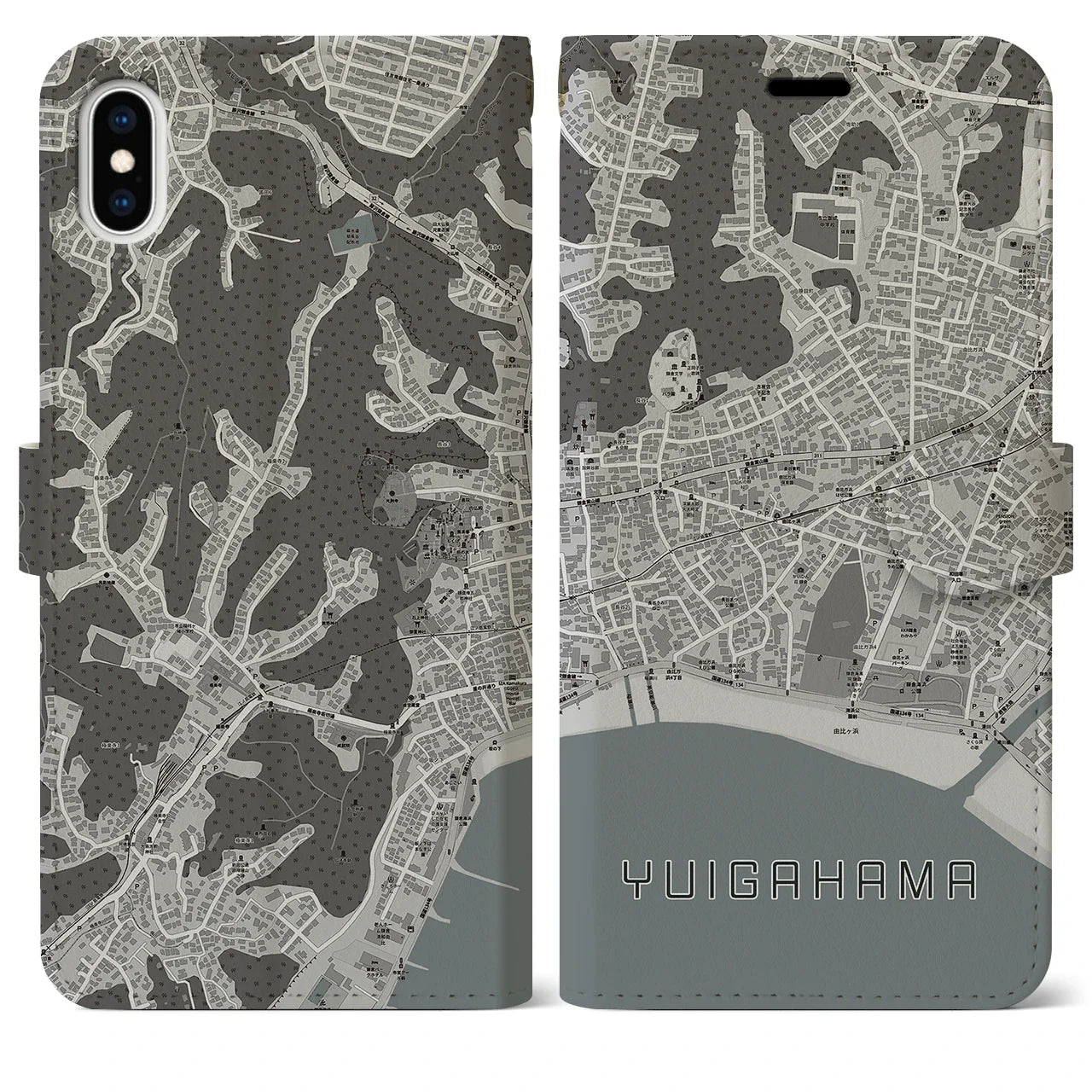 【由比ヶ浜(神奈川県)】地図柄iPhoneケース(手帳タイプ)モノトーン・iPhone XS Max 用