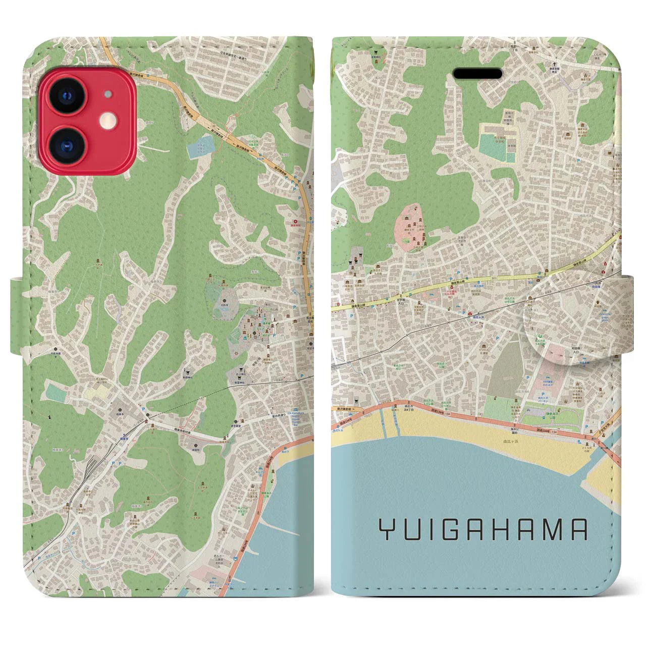 【由比ヶ浜(神奈川県)】地図柄iPhoneケース(手帳タイプ)ナチュラル・iPhone 11 用