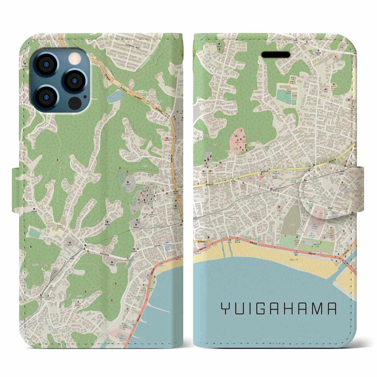 【由比ヶ浜(神奈川県)】地図柄iPhoneケース(手帳タイプ)ナチュラル・iPhone 12 / 12 Pro 用