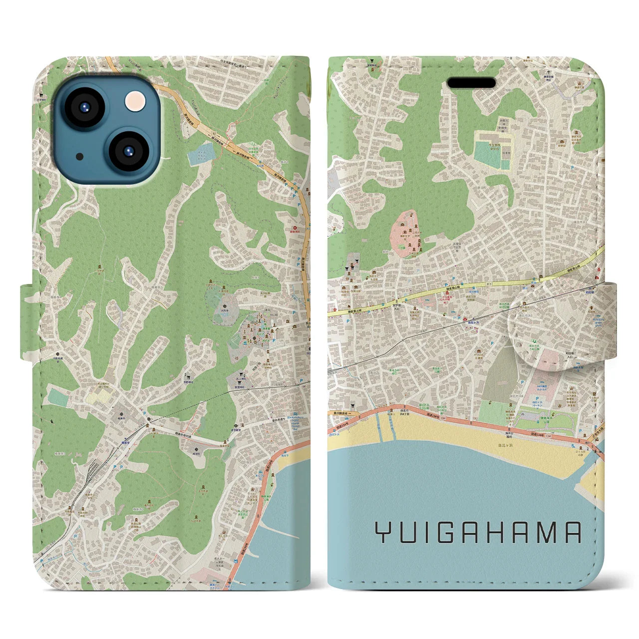 【由比ヶ浜(神奈川県)】地図柄iPhoneケース(手帳タイプ)ナチュラル・iPhone 13 用