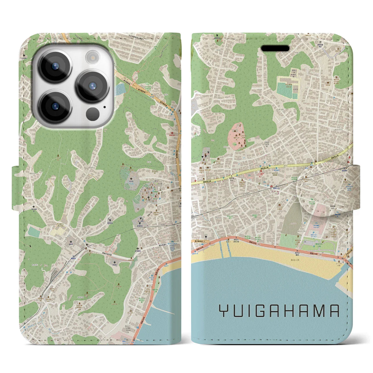 【由比ヶ浜(神奈川県)】地図柄iPhoneケース(手帳タイプ)ナチュラル・iPhone 14 Pro 用