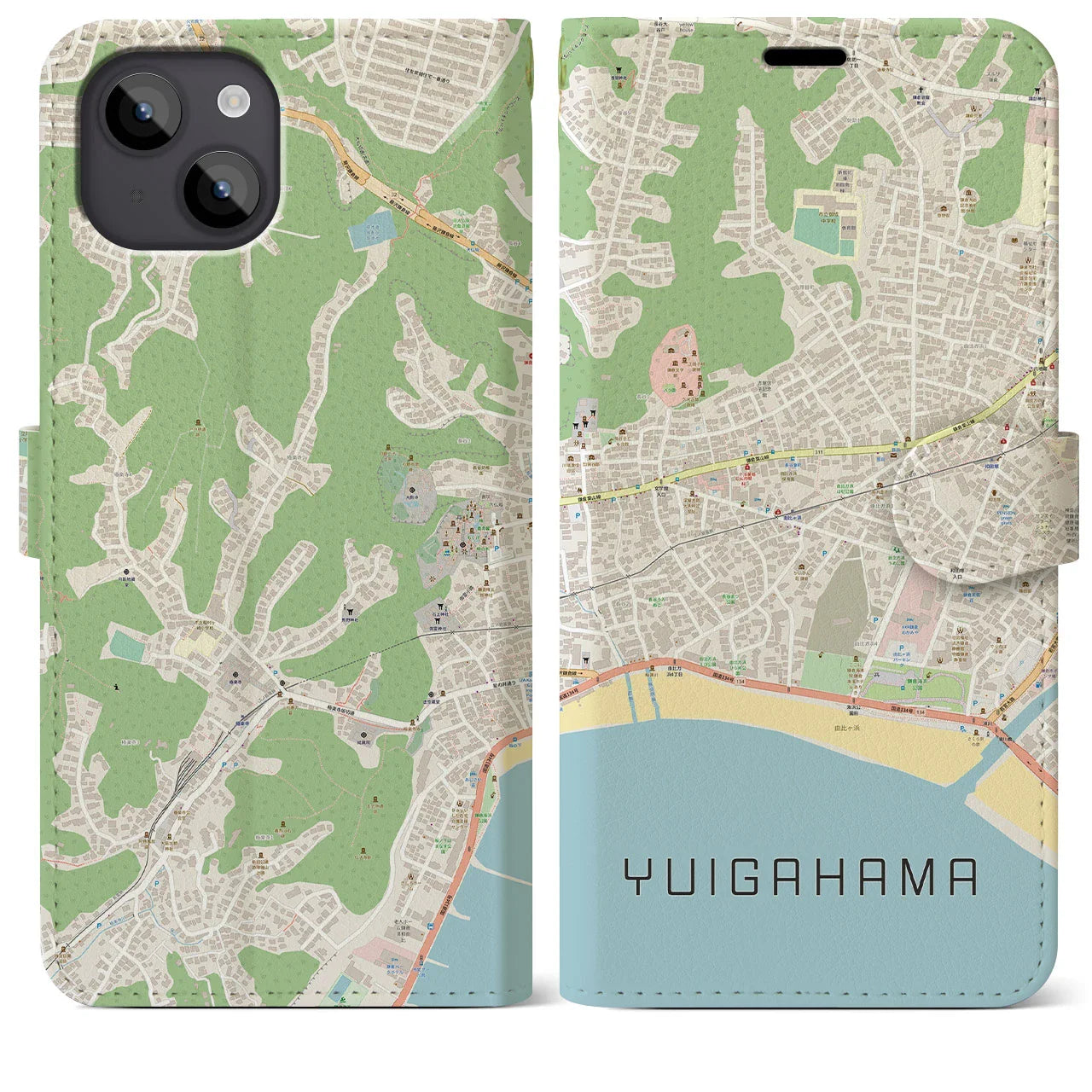 【由比ヶ浜(神奈川県)】地図柄iPhoneケース(手帳タイプ)ナチュラル・iPhone 14 Plus 用