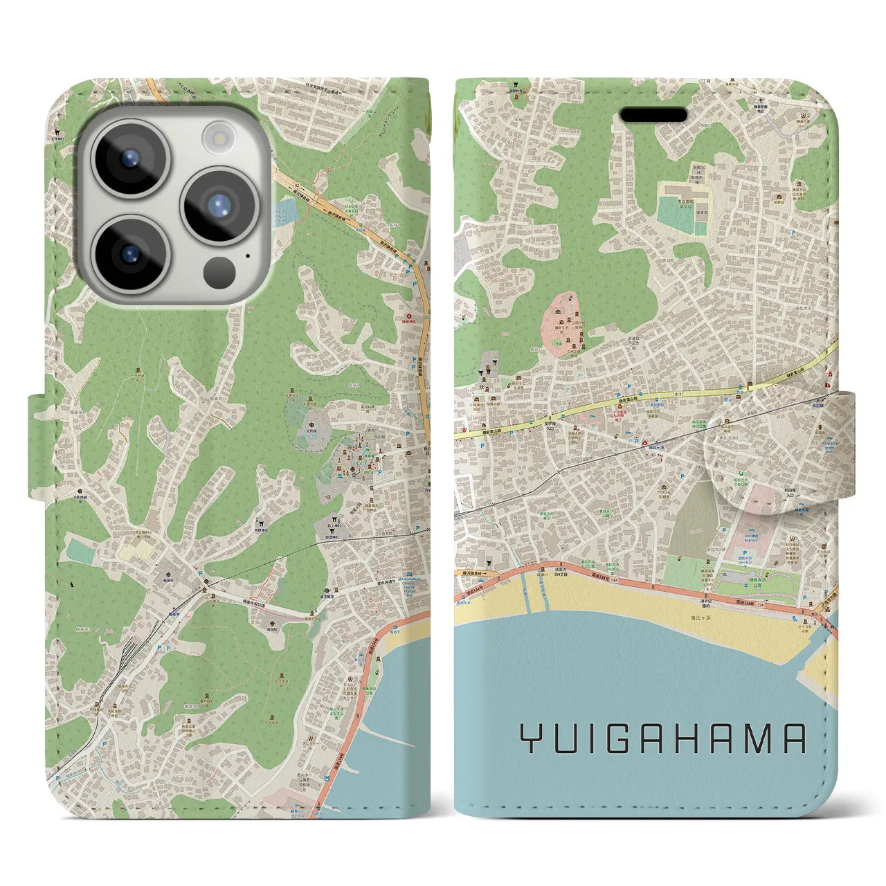 【由比ヶ浜(神奈川県)】地図柄iPhoneケース(手帳タイプ)ナチュラル・iPhone 15 Pro 用