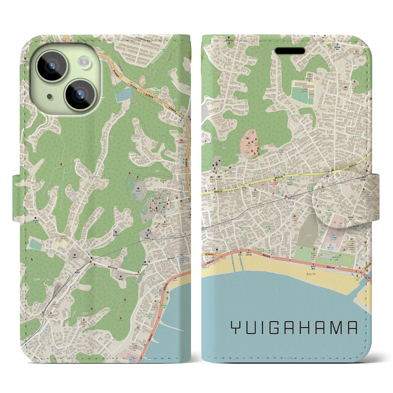 【由比ヶ浜(神奈川県)】地図柄iPhoneケース(手帳タイプ)ナチュラル・iPhone 15 用