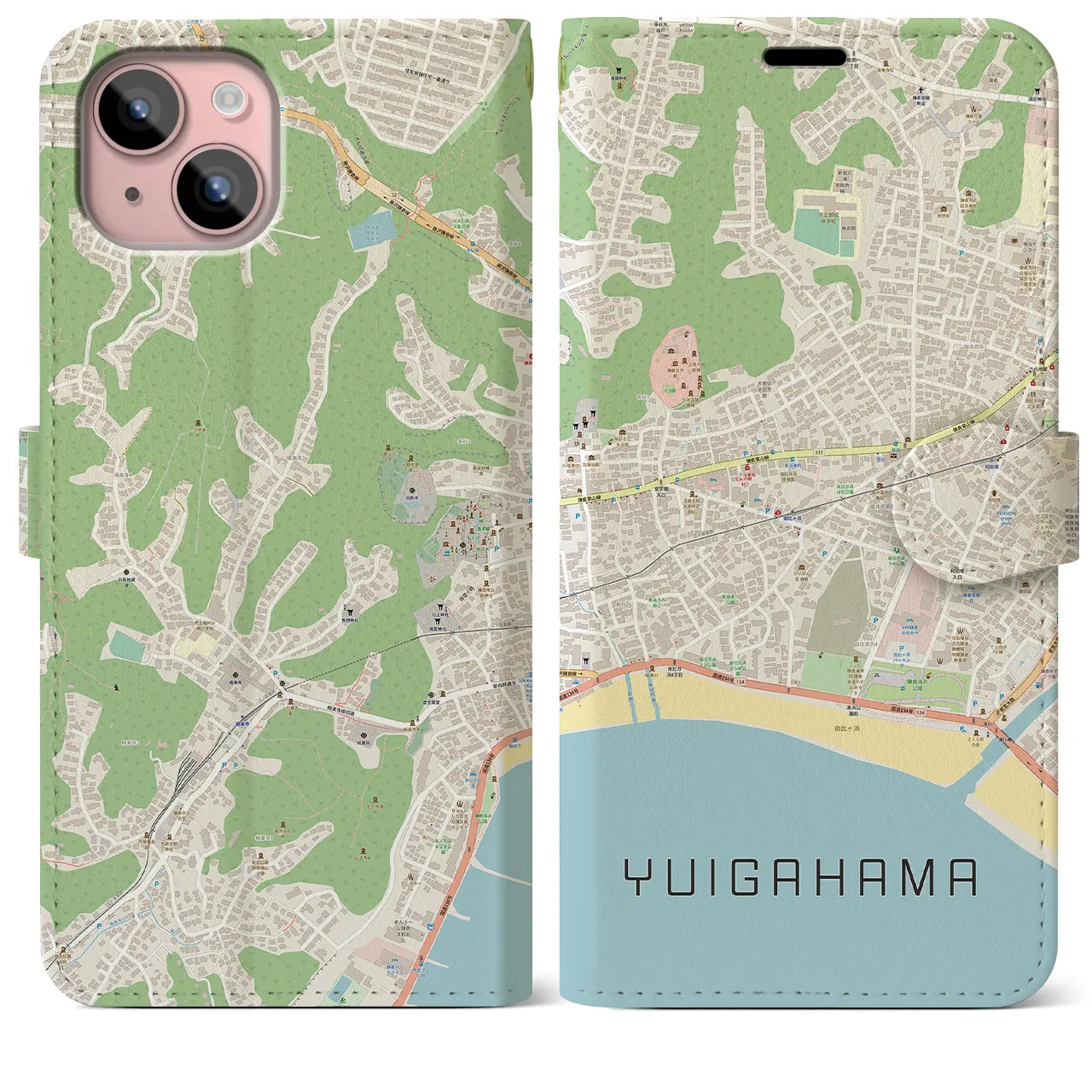 【由比ヶ浜(神奈川県)】地図柄iPhoneケース(手帳タイプ)ナチュラル・iPhone 15 Plus 用