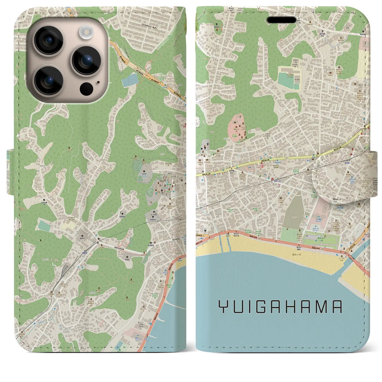 【由比ヶ浜(神奈川県)】地図柄iPhoneケース(手帳タイプ)ナチュラル・iPhone 16 Plus 用