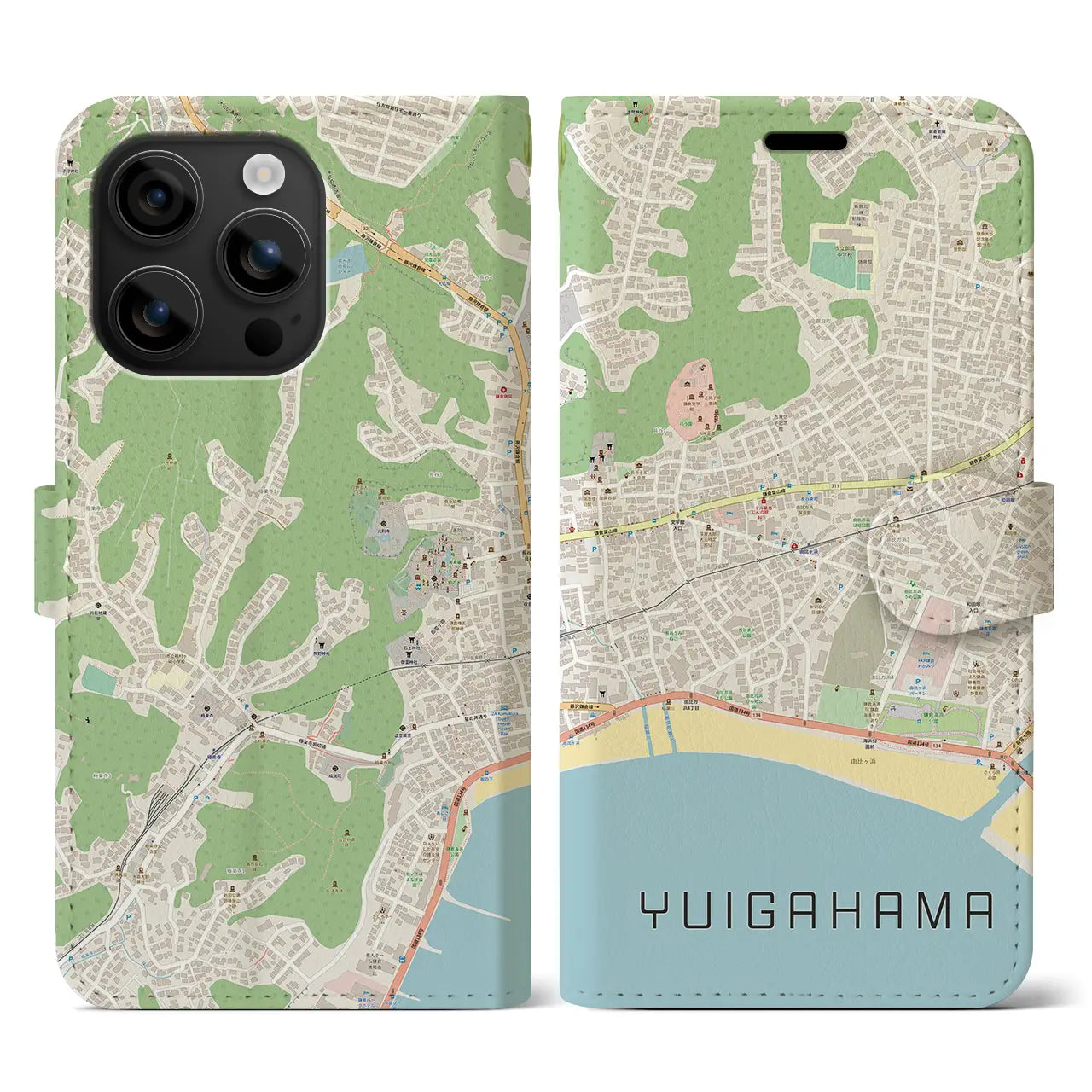 【由比ヶ浜(神奈川県)】地図柄iPhoneケース(手帳タイプ)ナチュラル・iPhone 16 用