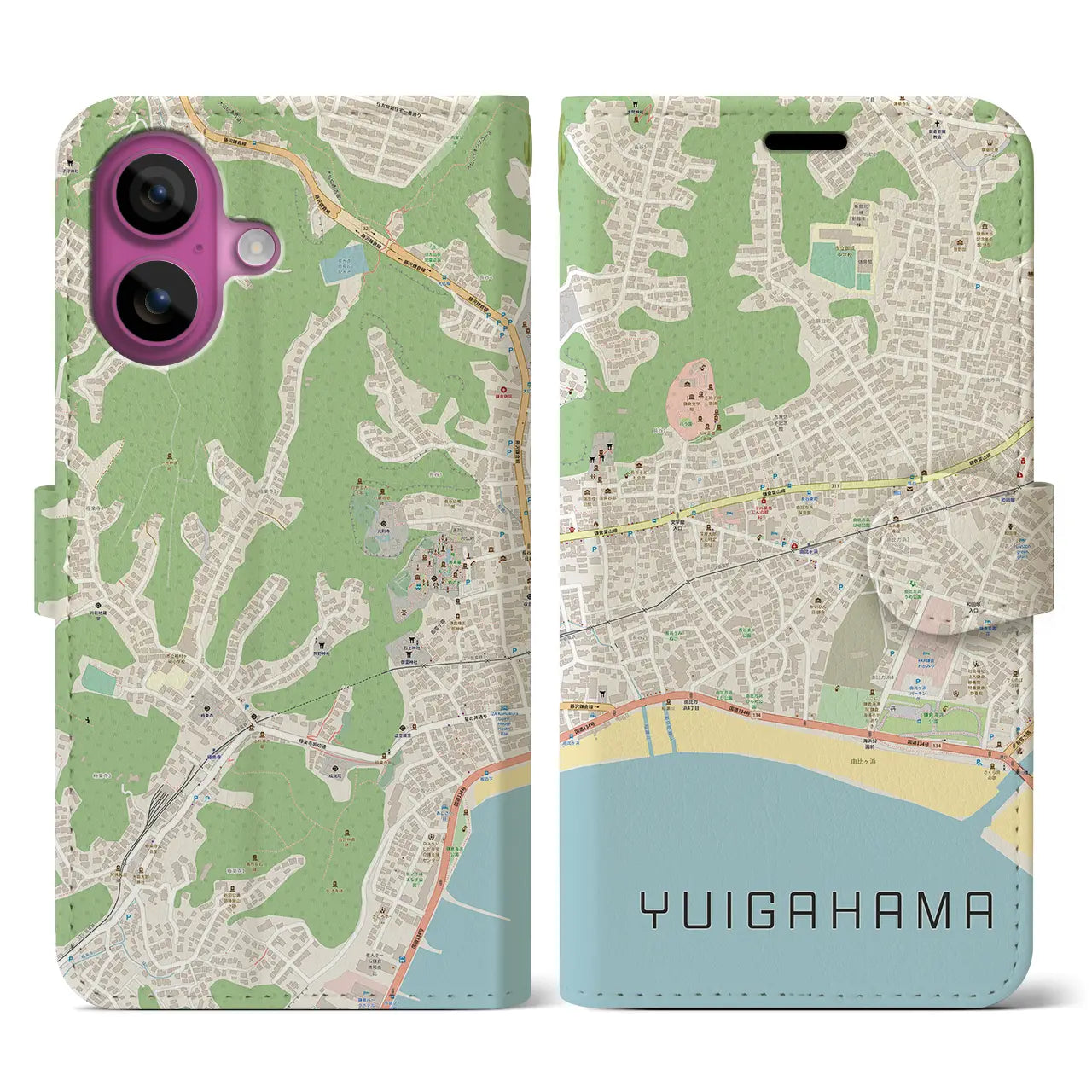 【由比ヶ浜(神奈川県)】地図柄iPhoneケース(手帳タイプ)ナチュラル・iPhone 16 Pro 用