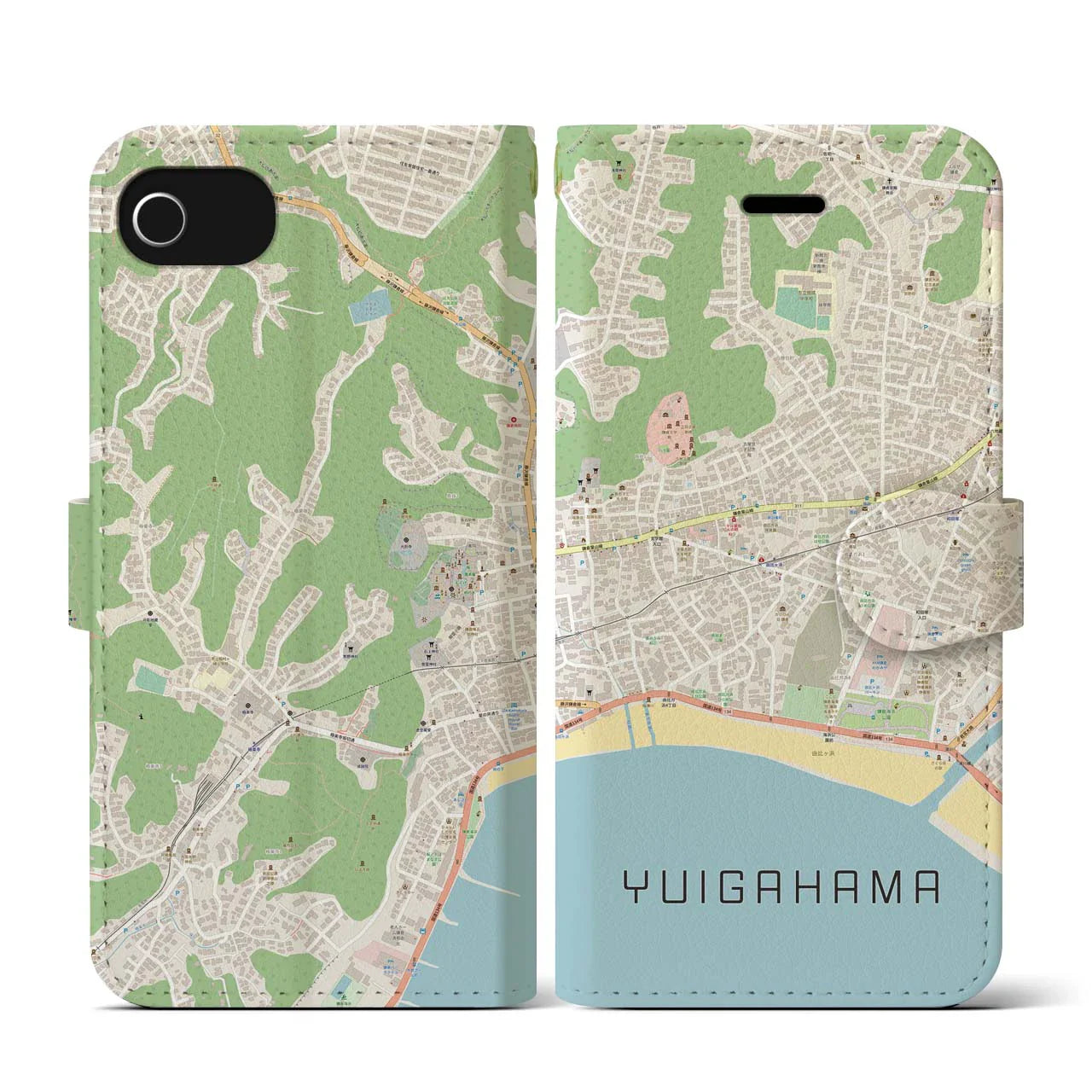【由比ヶ浜(神奈川県)】地図柄iPhoneケース(手帳タイプ)ナチュラル・iPhone SE(第3 / 第2世代) / 8 / 7 / 6s / 6 用
