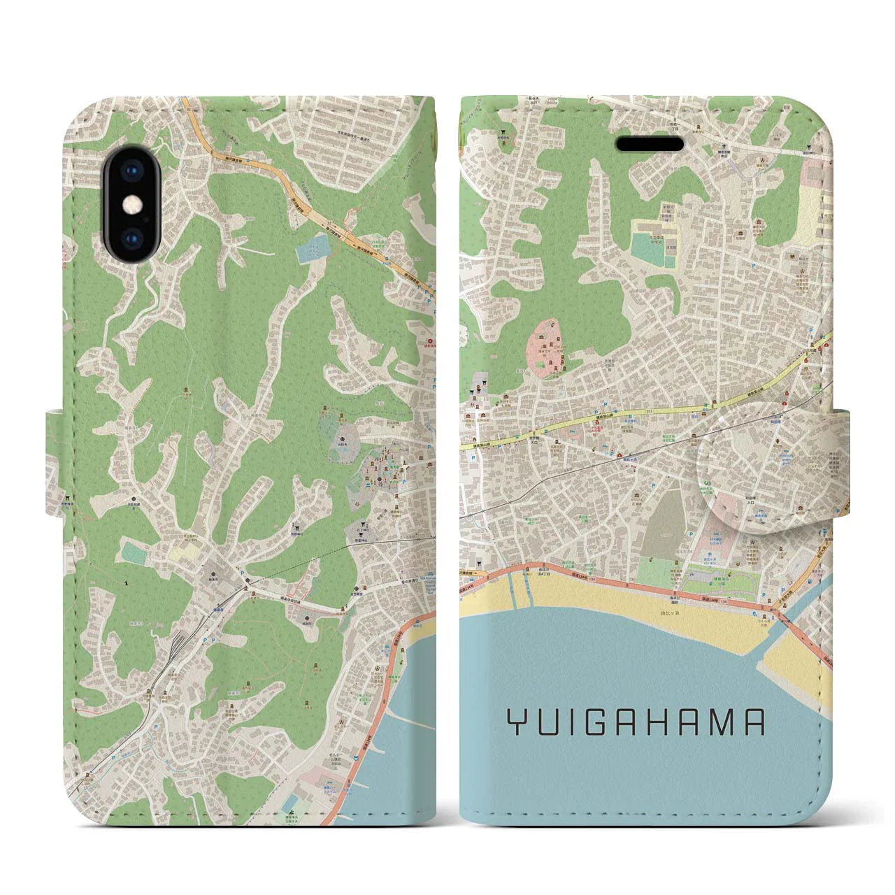 【由比ヶ浜(神奈川県)】地図柄iPhoneケース(手帳タイプ)ナチュラル・iPhone XS / X 用