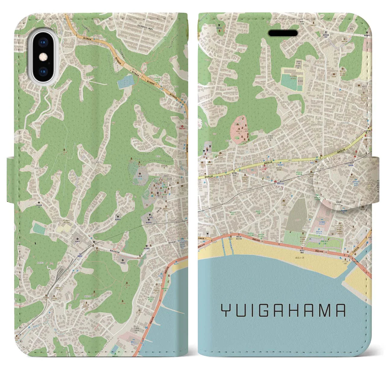 【由比ヶ浜(神奈川県)】地図柄iPhoneケース(手帳タイプ)ナチュラル・iPhone XS Max 用
