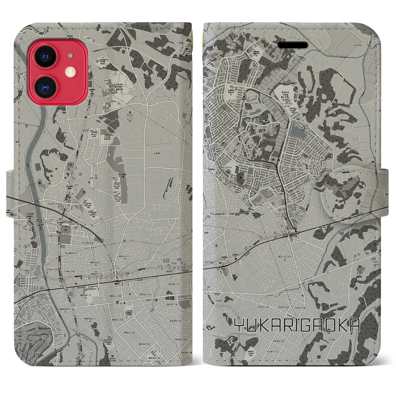 【ユーカリが丘(千葉県)】地図柄iPhoneケース(手帳タイプ)モノトーン・iPhone 11 用
