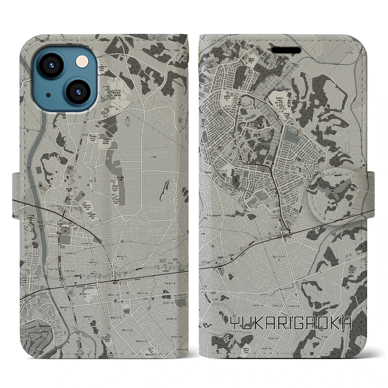 【ユーカリが丘(千葉県)】地図柄iPhoneケース(手帳タイプ)モノトーン・iPhone 13 用