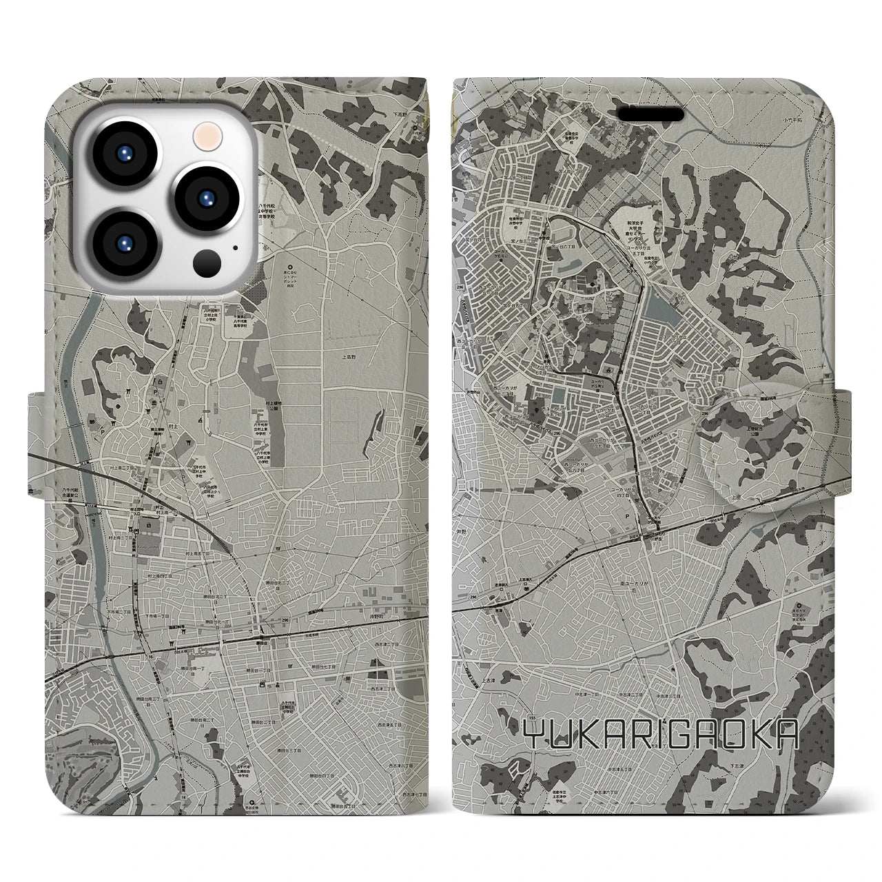 【ユーカリが丘(千葉県)】地図柄iPhoneケース(手帳タイプ)モノトーン・iPhone 13 Pro 用
