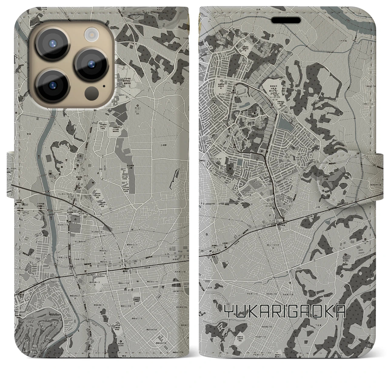 【ユーカリが丘(千葉県)】地図柄iPhoneケース(手帳タイプ)モノトーン・iPhone 14 Pro Max 用