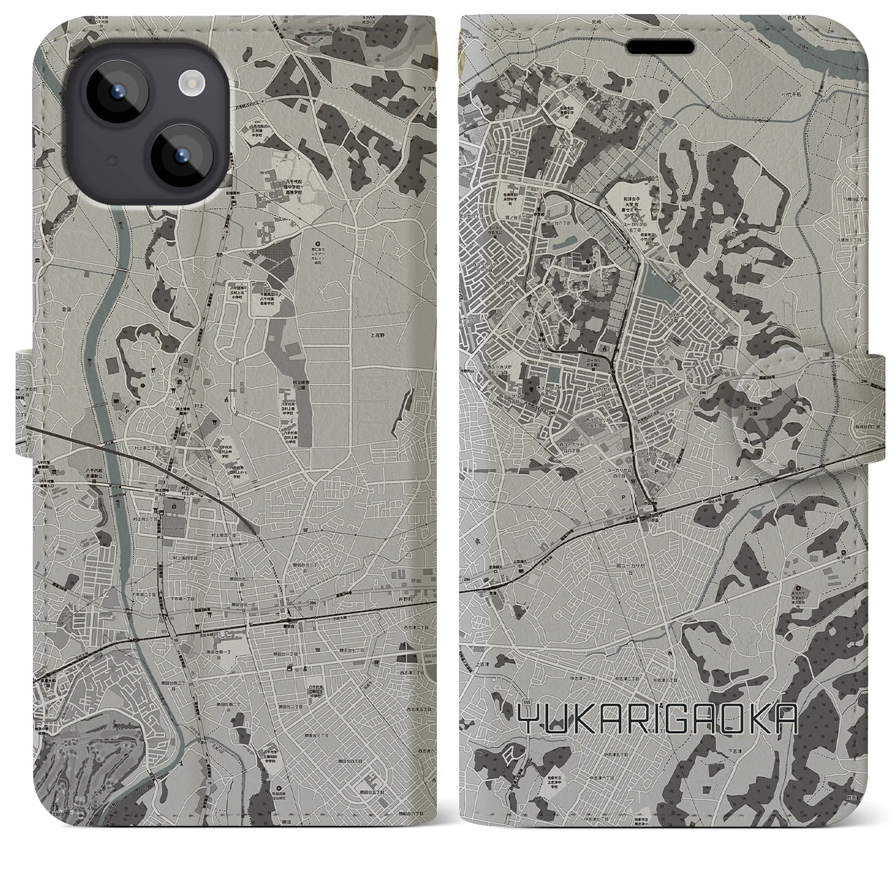 【ユーカリが丘(千葉県)】地図柄iPhoneケース(手帳タイプ)モノトーン・iPhone 14 Plus 用