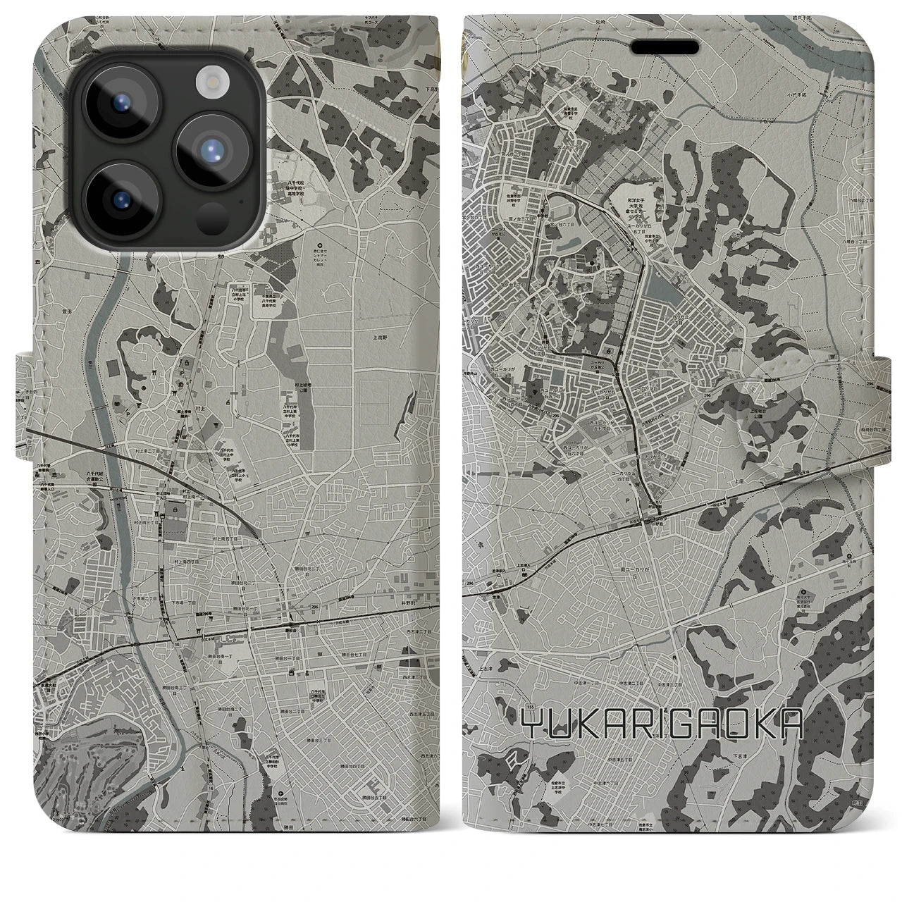 【ユーカリが丘(千葉県)】地図柄iPhoneケース(手帳タイプ)モノトーン・iPhone 15 Pro Max 用