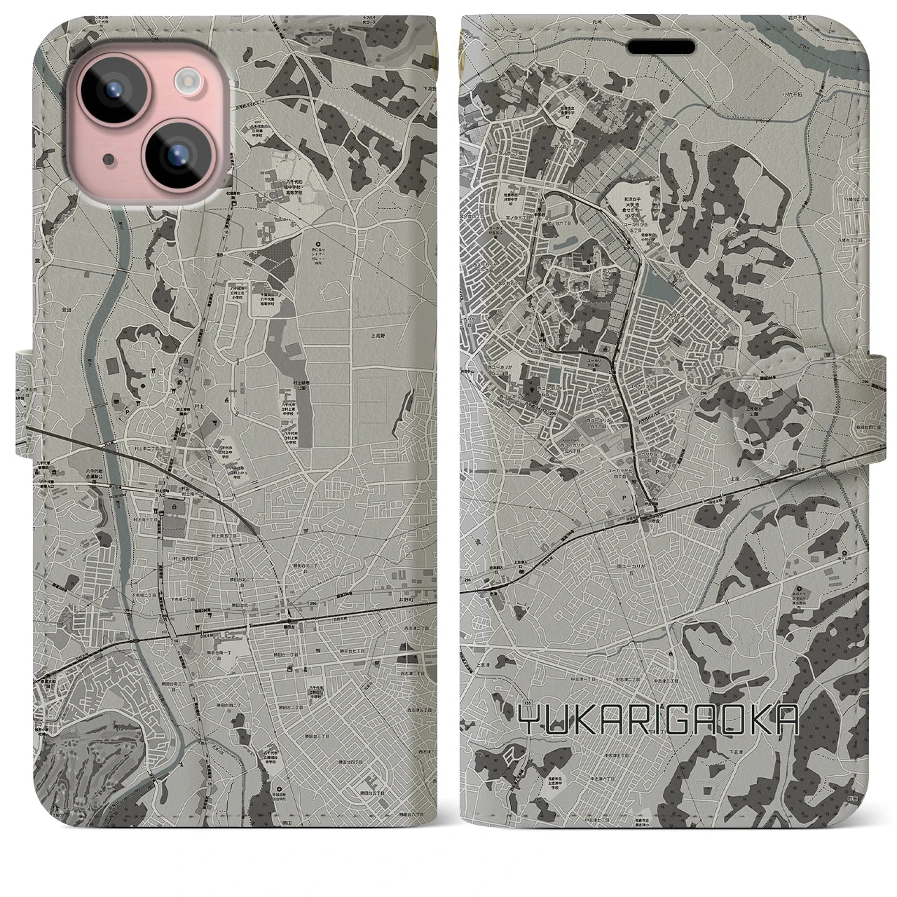 【ユーカリが丘(千葉県)】地図柄iPhoneケース(手帳タイプ)モノトーン・iPhone 15 Plus 用